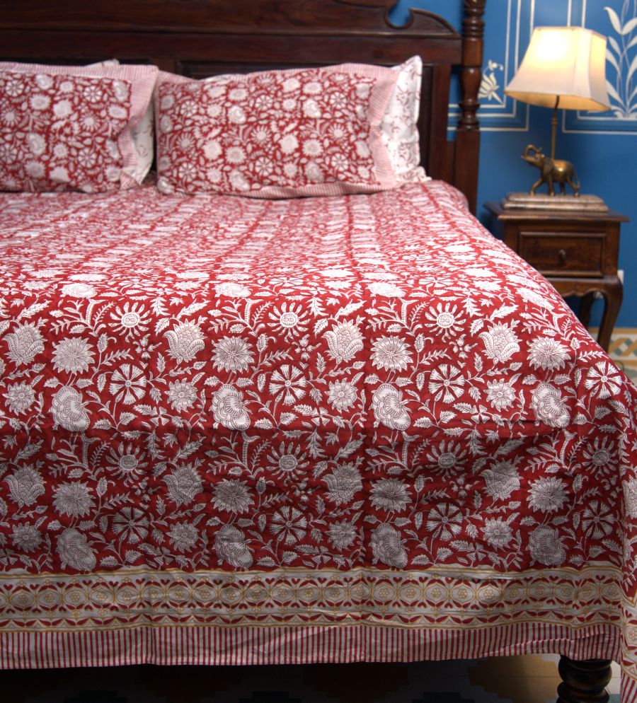 Red Floral Hand Block Bedsheet with 2 Pillow Cover Set - 400TC