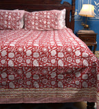 Red Floral Hand Block Bedsheet with 2 Pillow Cover Set - 400TC
