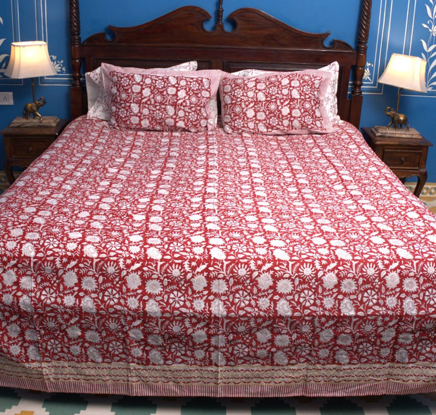 Red Floral Hand Block Bedsheet with 2 Pillow Cover Set - 400TC