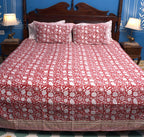 Red Floral Hand Block Bedsheet with 2 Pillow Cover Set - 400TC