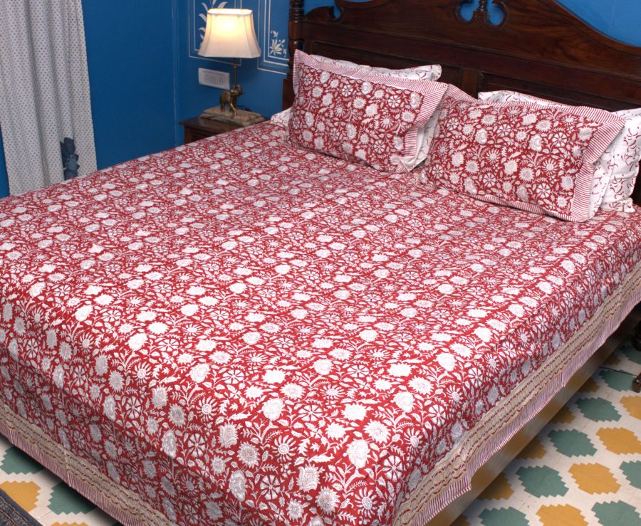 Red Floral Hand Block Bedsheet with 2 Pillow Cover Set - 400TC