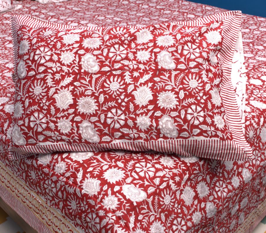 Red Floral Hand Block Bedsheet with 2 Pillow Cover Set - 400TC