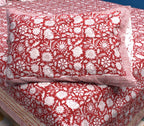 Red Floral Hand Block Bedsheet with 2 Pillow Cover Set - 400TC