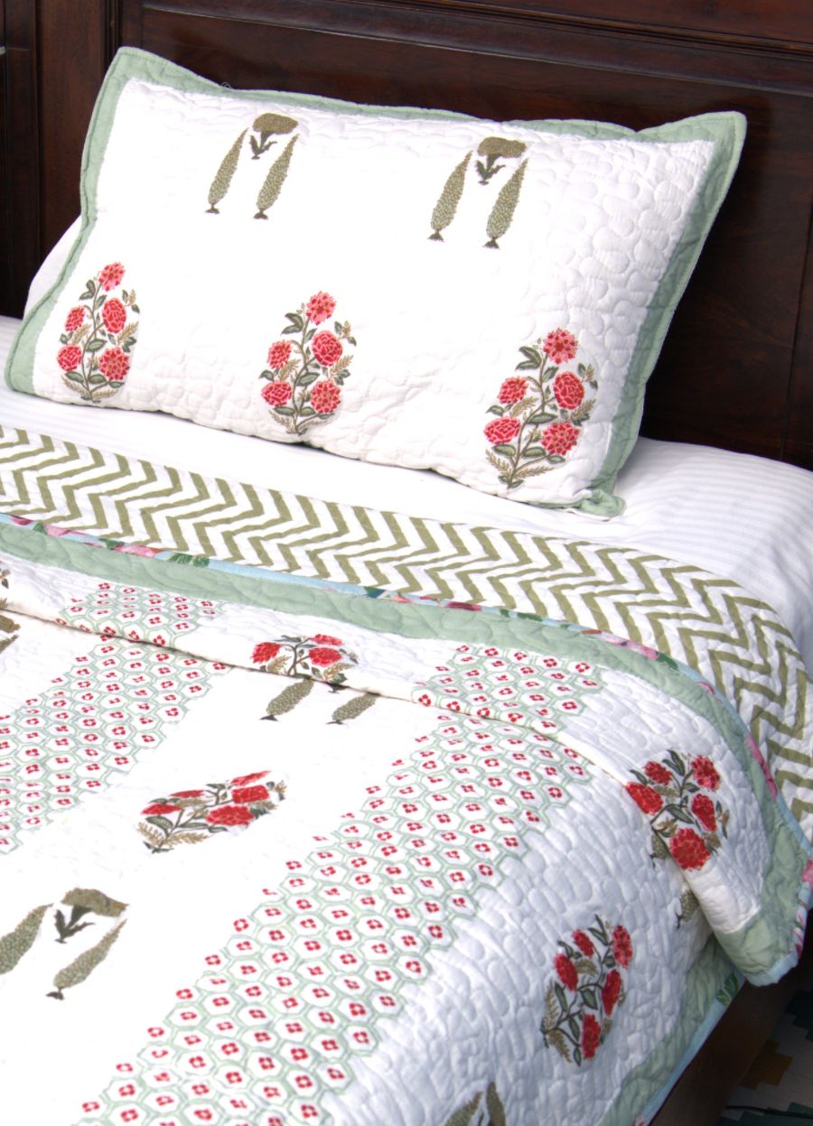 Pink & Green Gulzar Hand Block Quilted Bedcover