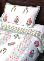 Pink & Green Gulzar Hand Block Quilted Bedcover