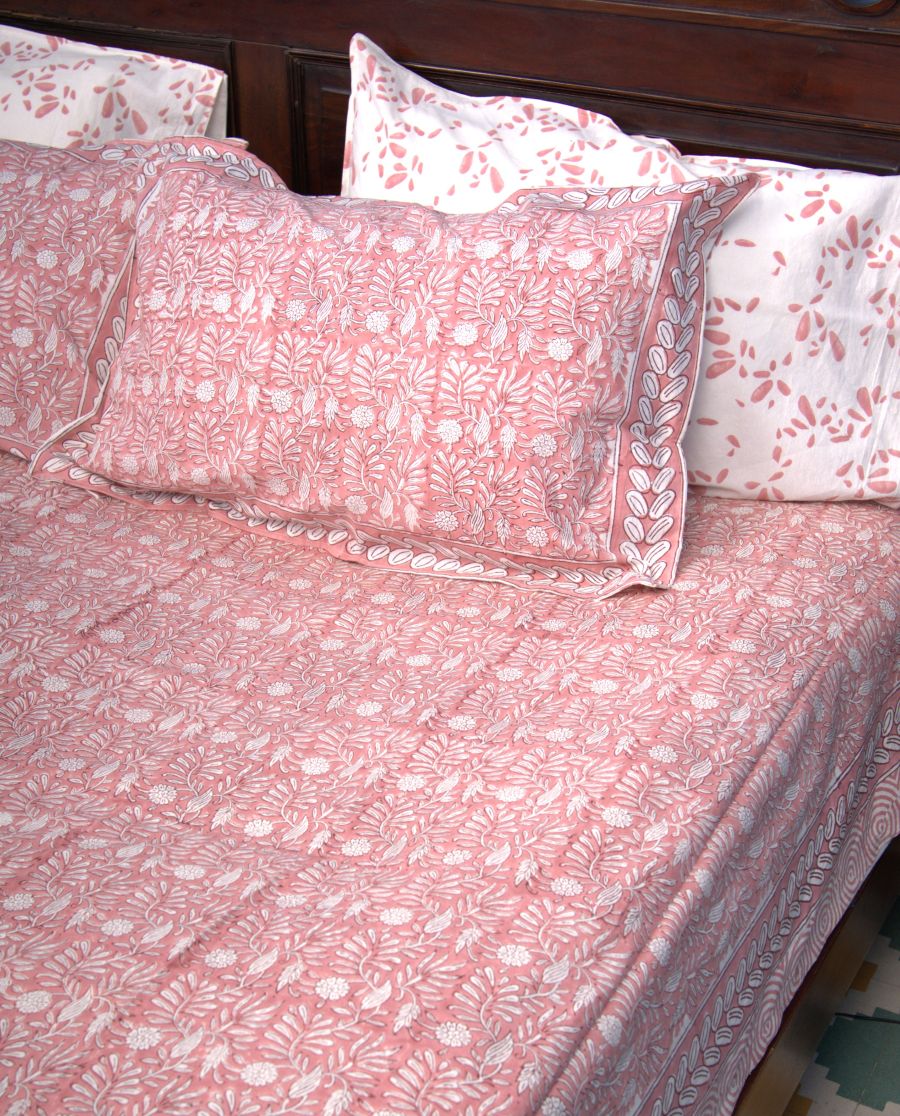 Melon Peach Floral Leaf Hand Block Bedsheet with 2 Pillow Cover Set - 400TC