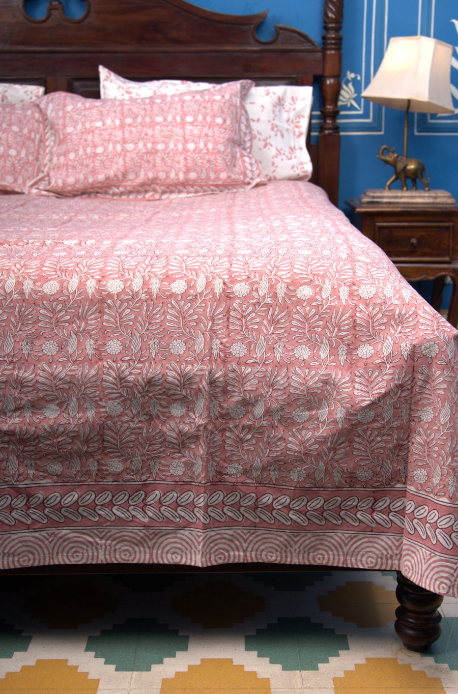 Melon Peach Floral Leaf Hand Block Bedsheet with 2 Pillow Cover Set - 400TC
