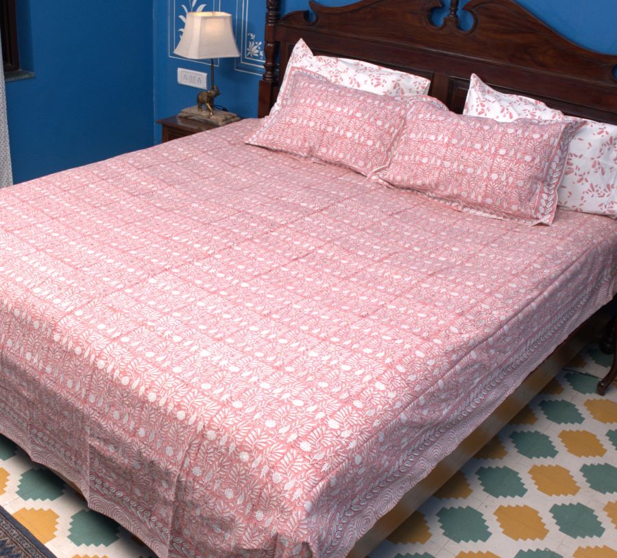 Melon Peach Floral Leaf Hand Block Bedsheet with 2 Pillow Cover Set - 400TC
