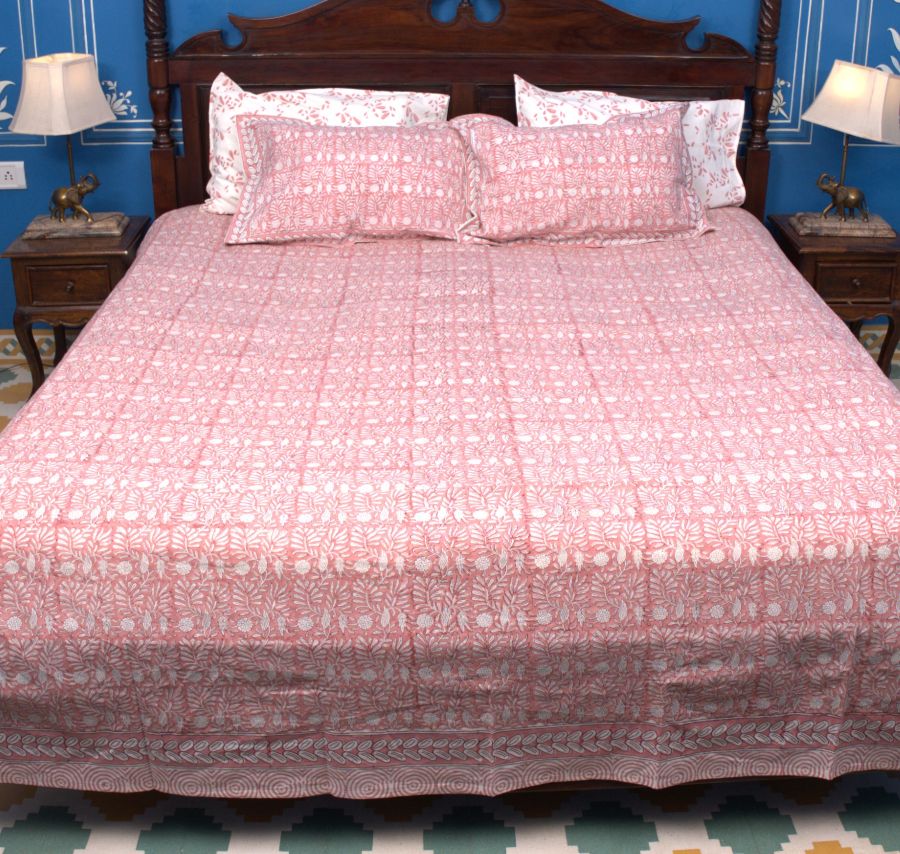 Melon Peach Floral Leaf Hand Block Bedsheet with 2 Pillow Cover Set - 400TC