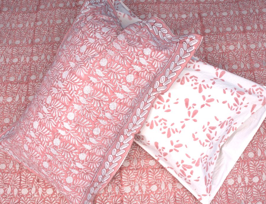 Melon Peach Floral Leaf Hand Block Bedsheet with 2 Pillow Cover Set - 400TC