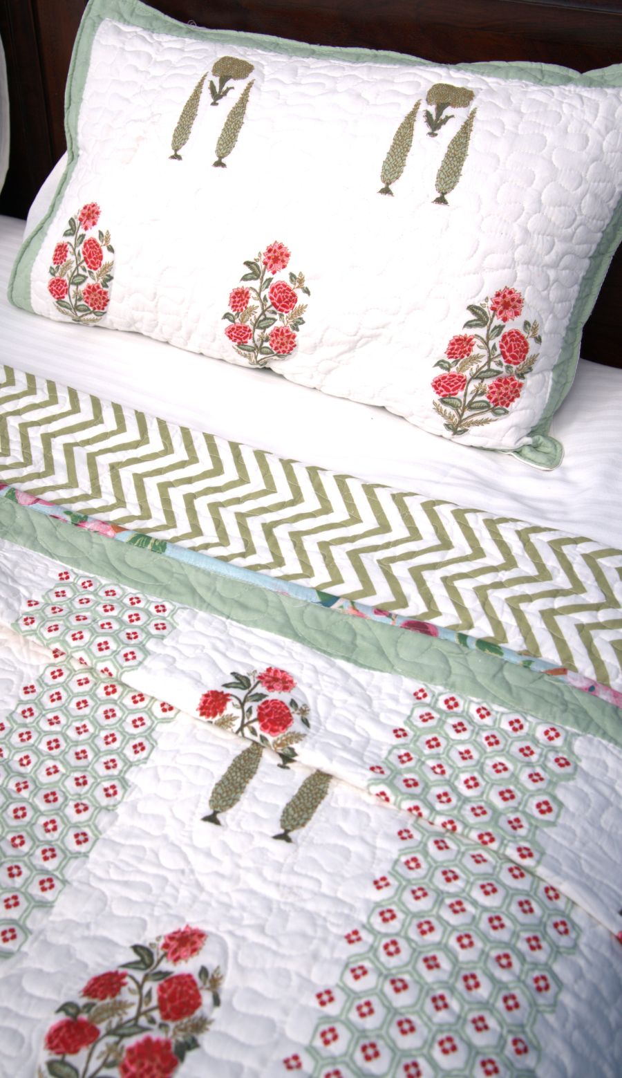 Pink & Green Gulzar Hand Block Quilted Bedcover