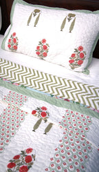 Pink & Green Gulzar Hand Block Quilted Bedcover