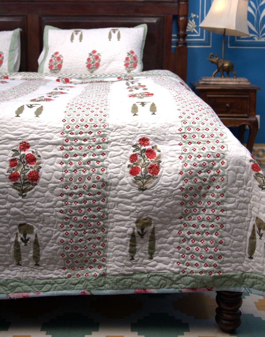 Pink & Green Gulzar Hand Block Quilted Bedcover
