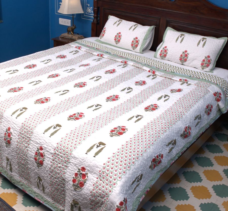 Pink & Green Gulzar Hand Block Quilted Bedcover