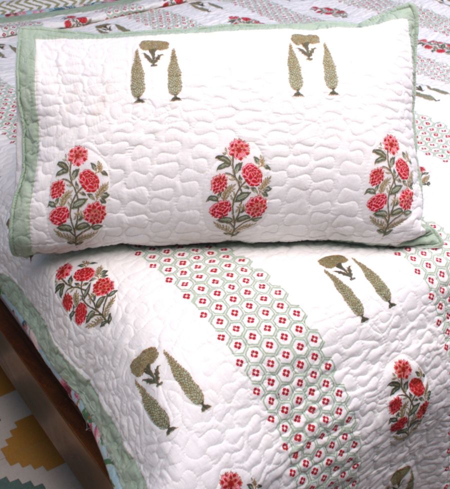 Pink & Green Gulzar Hand Block Quilted Bedcover