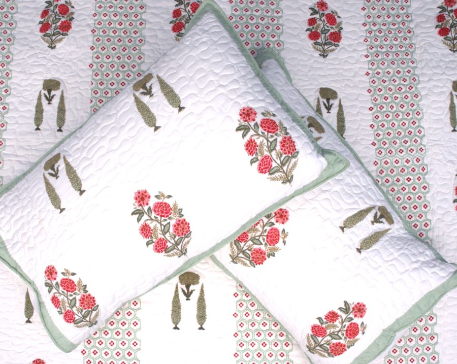 Pink & Green Gulzar Hand Block Quilted Bedcover