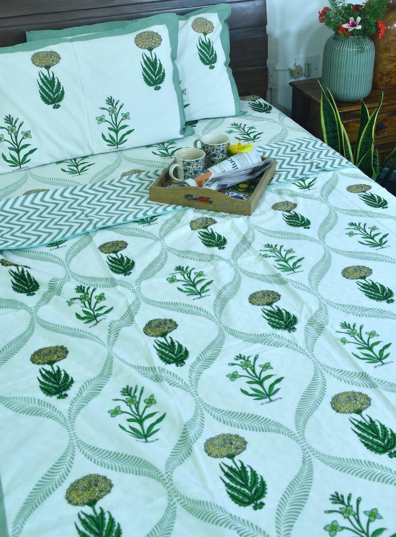 Marigold with Purple Lilly Bedsheet & Dohar Set – Hand Block Printed
