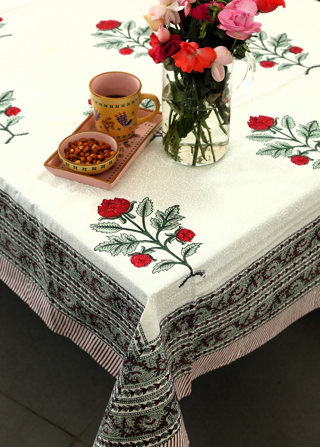 Red Rose Hand Block Rectangle Table Cover /Cloth