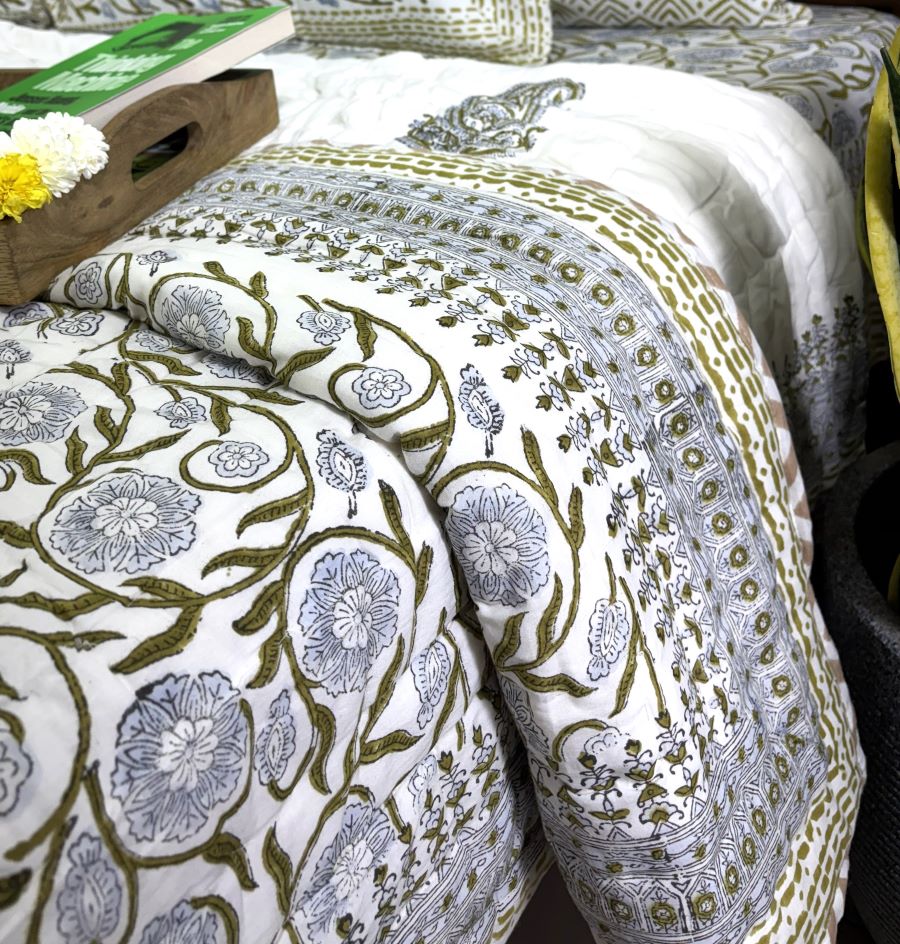 Green Flower Jaal Patterns Hand Block Quilt/ Razai