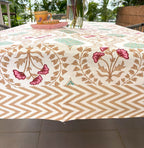 Pink Hibiscus on Gold Hand Block Rectangle  Table Cover / Cloth