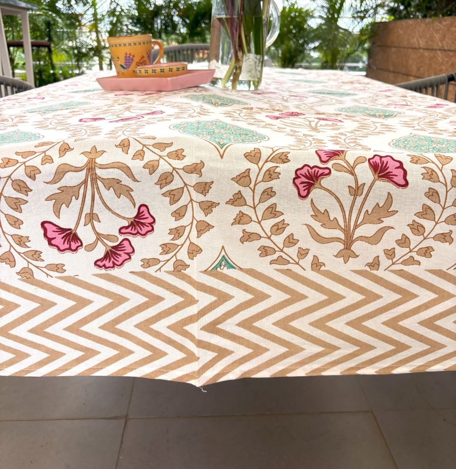 Pink Hibiscus on Gold Hand Block Rectangle  Table Cover / Cloth