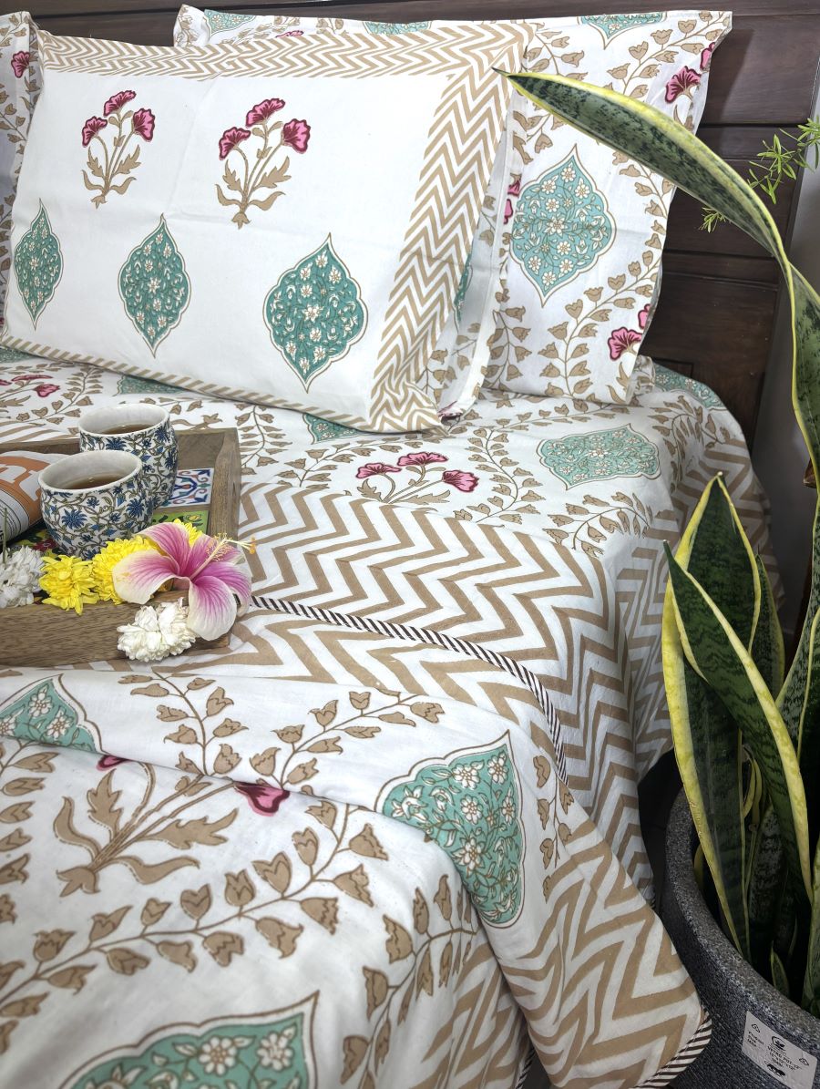 Pink Hibiscus on Gold Hand Block Muslin Dohar