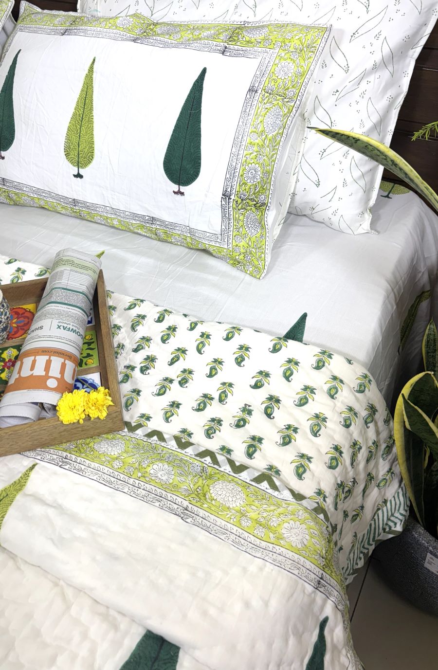 Green Tree Motif Patterns Hand Block Quilt/ Razai