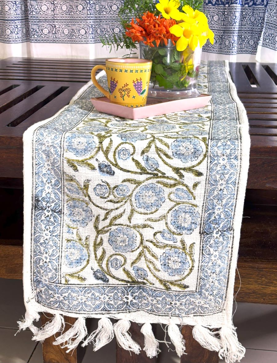 Green Jaal Hand Block Printed Jute Table Runner