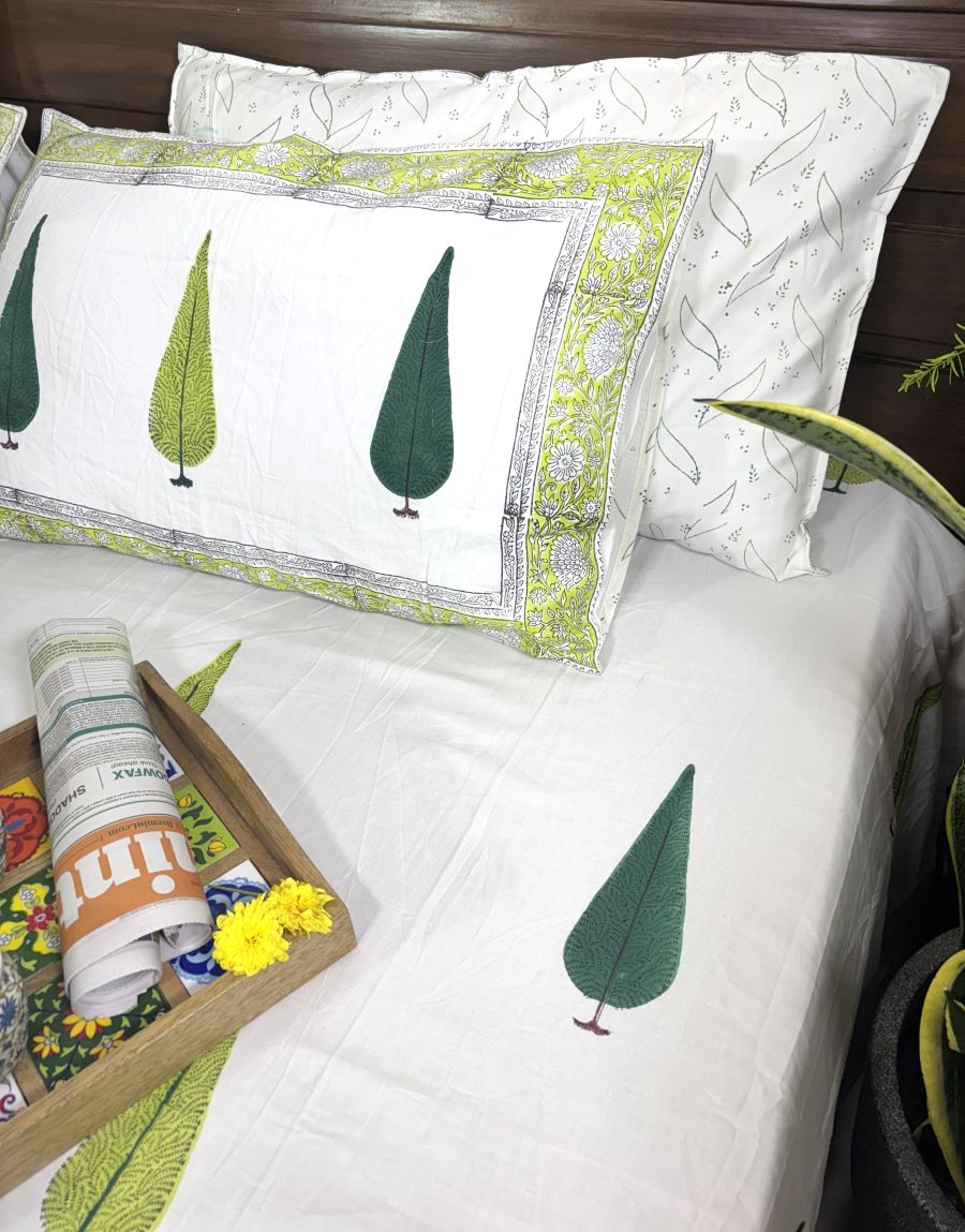 Gree Tree Motif  Hand Block Bedsheet with 2 Pillow Cover Set - 400TC