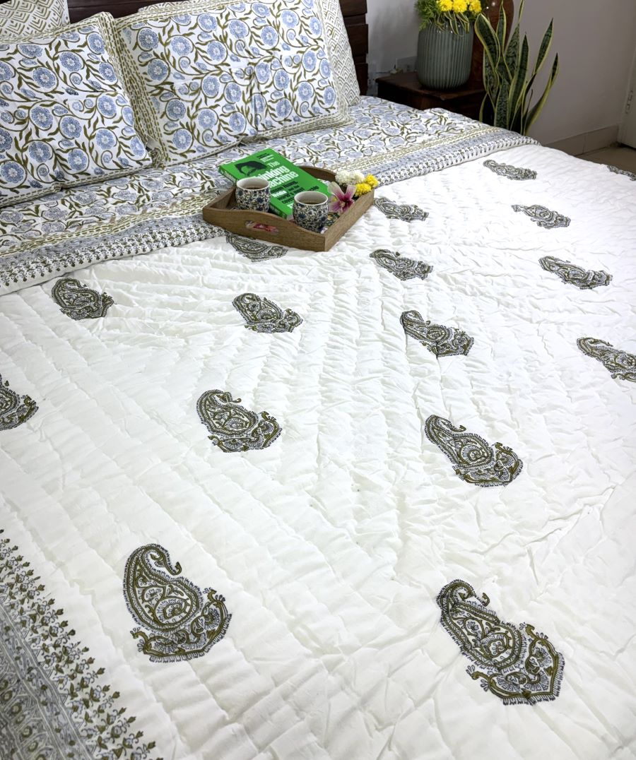 Green Flower Jaal Patterns Hand Block Quilt/ Razai
