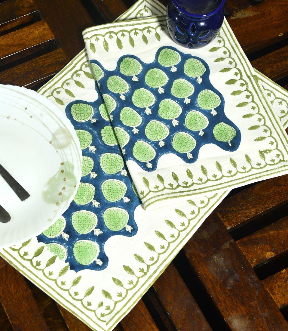 Blue & Green Hand Block Cotton Canvas Table  Runner & Mat Set
