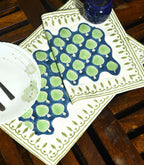 Blue & Green Hand Block Cotton Canvas Table  Runner & Mat Set