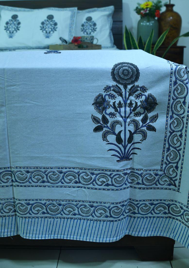 Sunflower Grey & Light Blue Hand Block Bedsheet with 2 Pillow Cover Set - 280TC