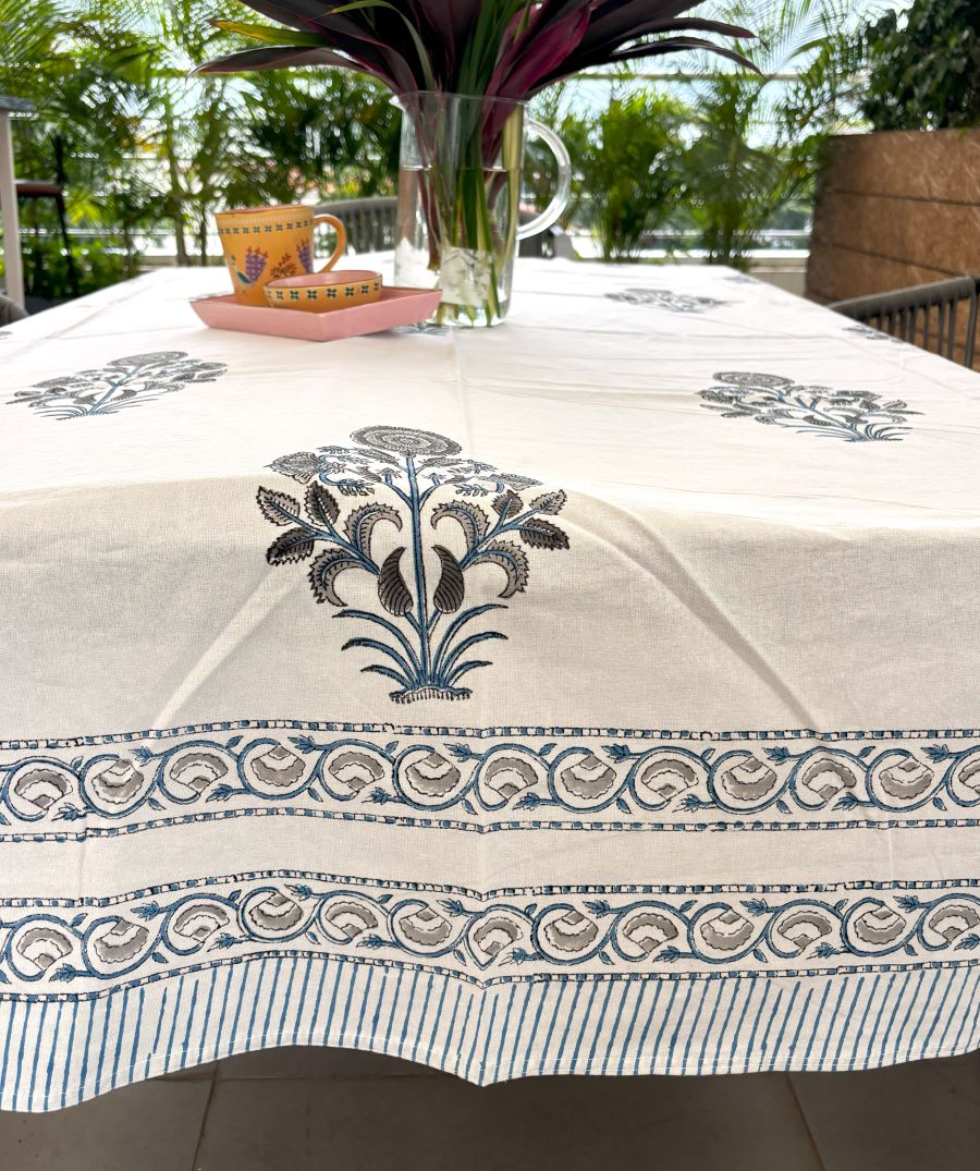 Sunflower Grey & Light Blue Hand Block Rectangle Table Cover /Cloth