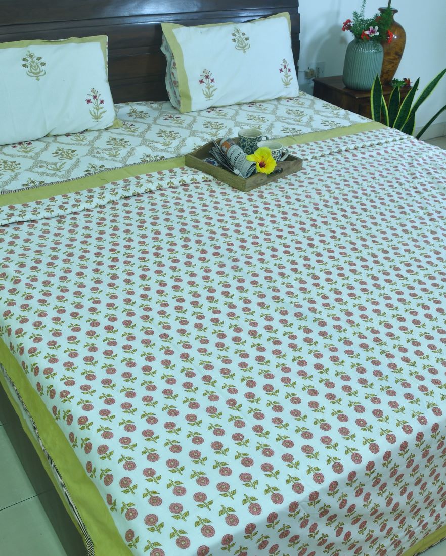 Red & Yellow Lilly Mughal Jaal  Bedsheet & Dohar Set – Hand Block Printed