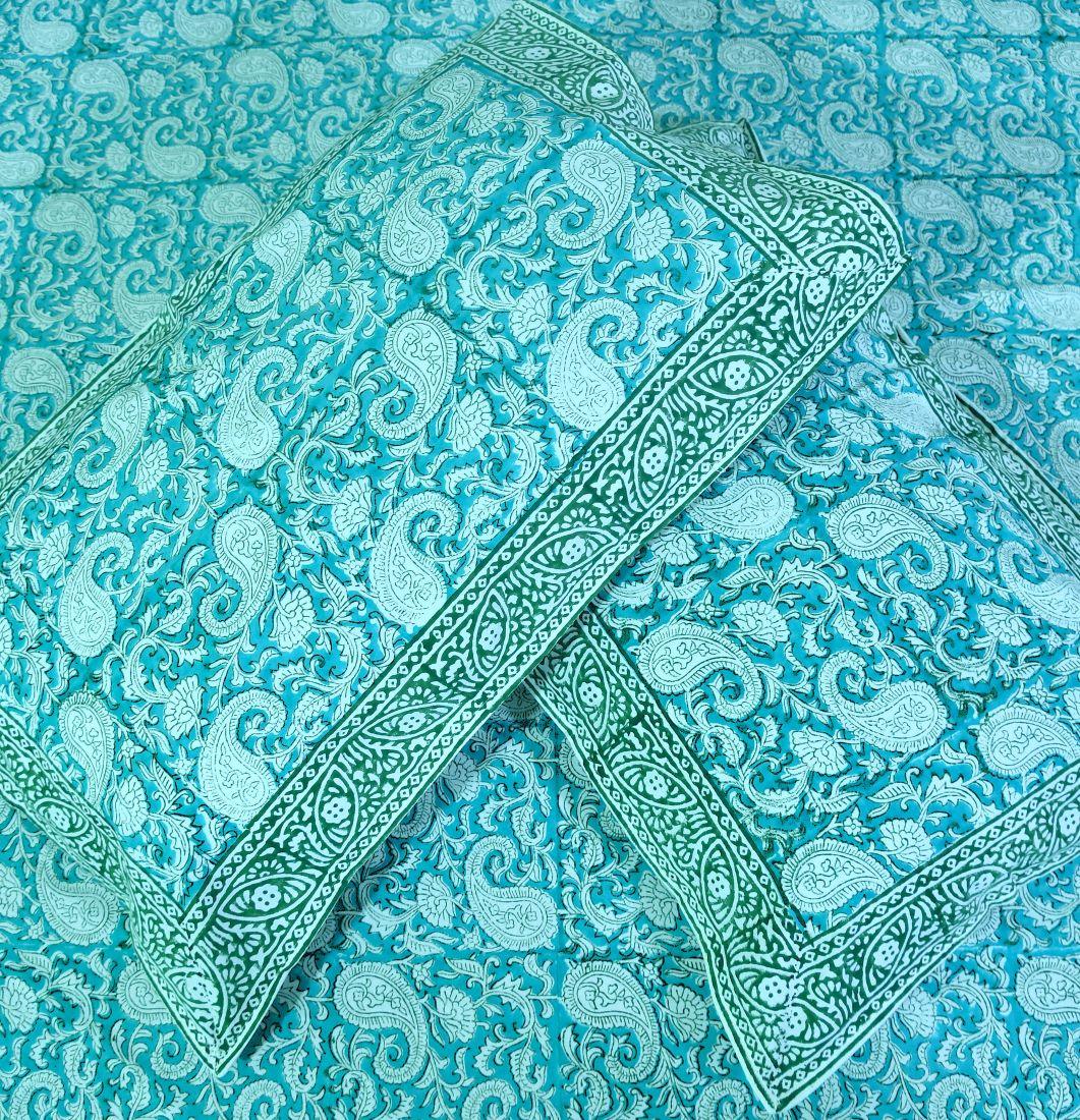 Green Paisley ka Gulistaan Hand Block Bedsheet with 2 Pillow Cover Set - 280TC