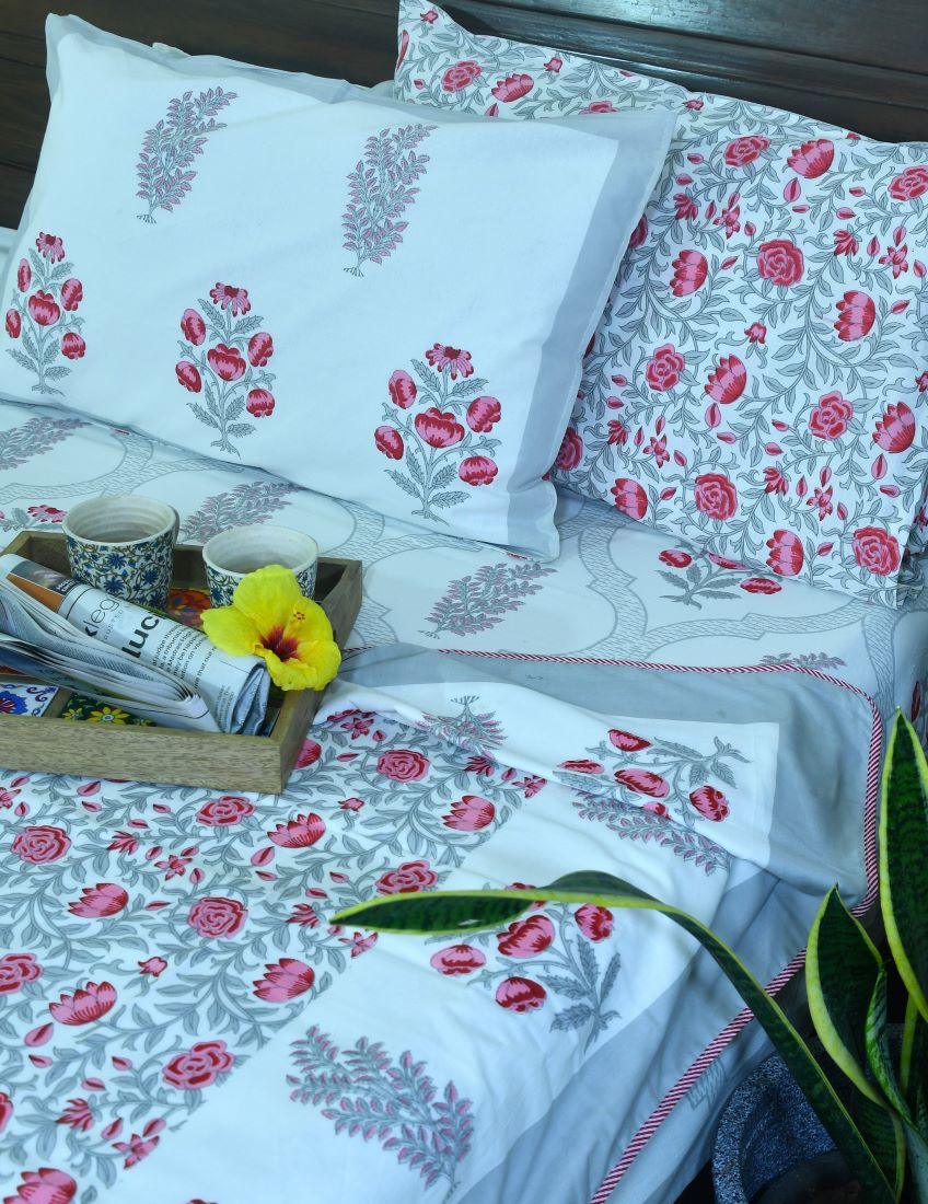 Pink Flower Bedsheet & Dohar Set – Hand Block Printed