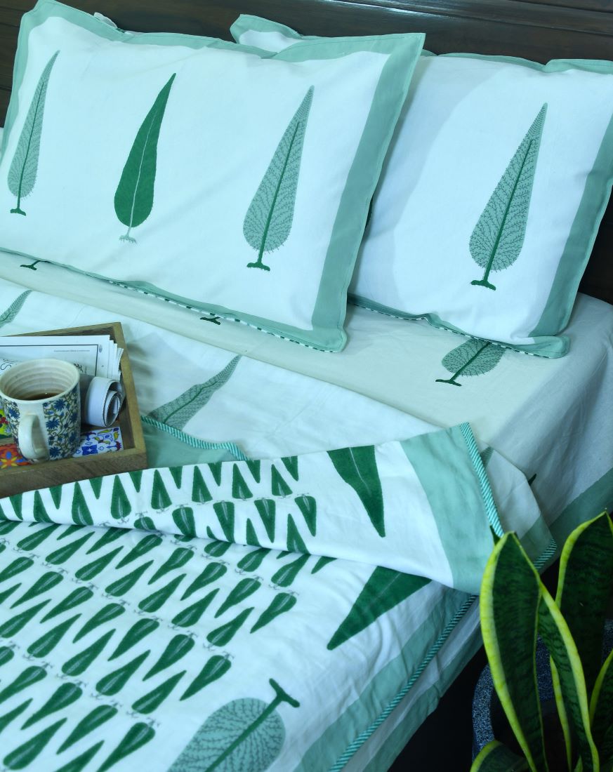 Green Gulbahaar Jaal  Bedsheet & Dohar Set – Hand Block Printed