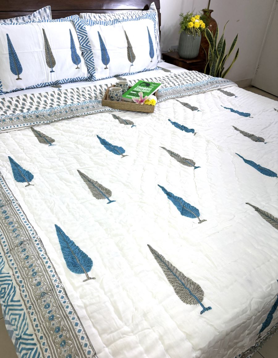 Blue Tree Motif Patterns Bedsheet & Quilt/ Razai Set - Hand Block Printed