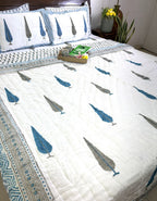 Blue Tree Motif Patterns Bedsheet & Quilt/ Razai Set - Hand Block Printed