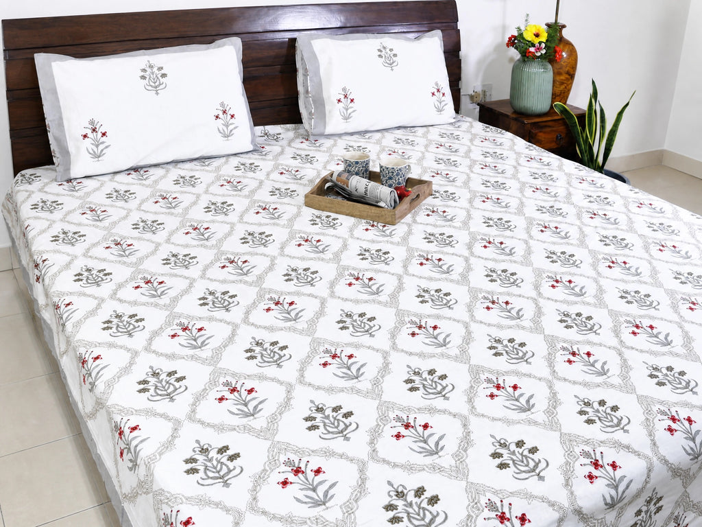 Red & Grey Lilly Mughal Jaal Hand Block Bedsheet with 2 Pillow Cover Set - 220TC