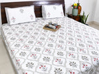 Red & Grey Lilly Mughal Jaal Hand Block Bedsheet with 2 Pillow Cover Set - 220TC