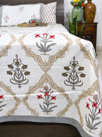 Red & Grey Lilly Mughal Jaal Hand Block Bedsheet with 2 Pillow Cover Set - 220TC