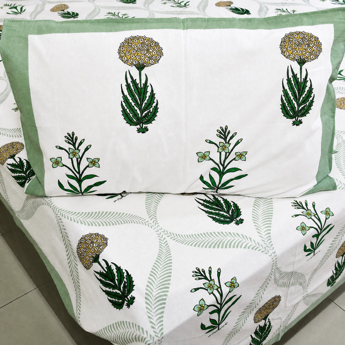 Marigold with Purple Lily Hand Block Bedsheet with 2 Pillow Cover Set - 220TC