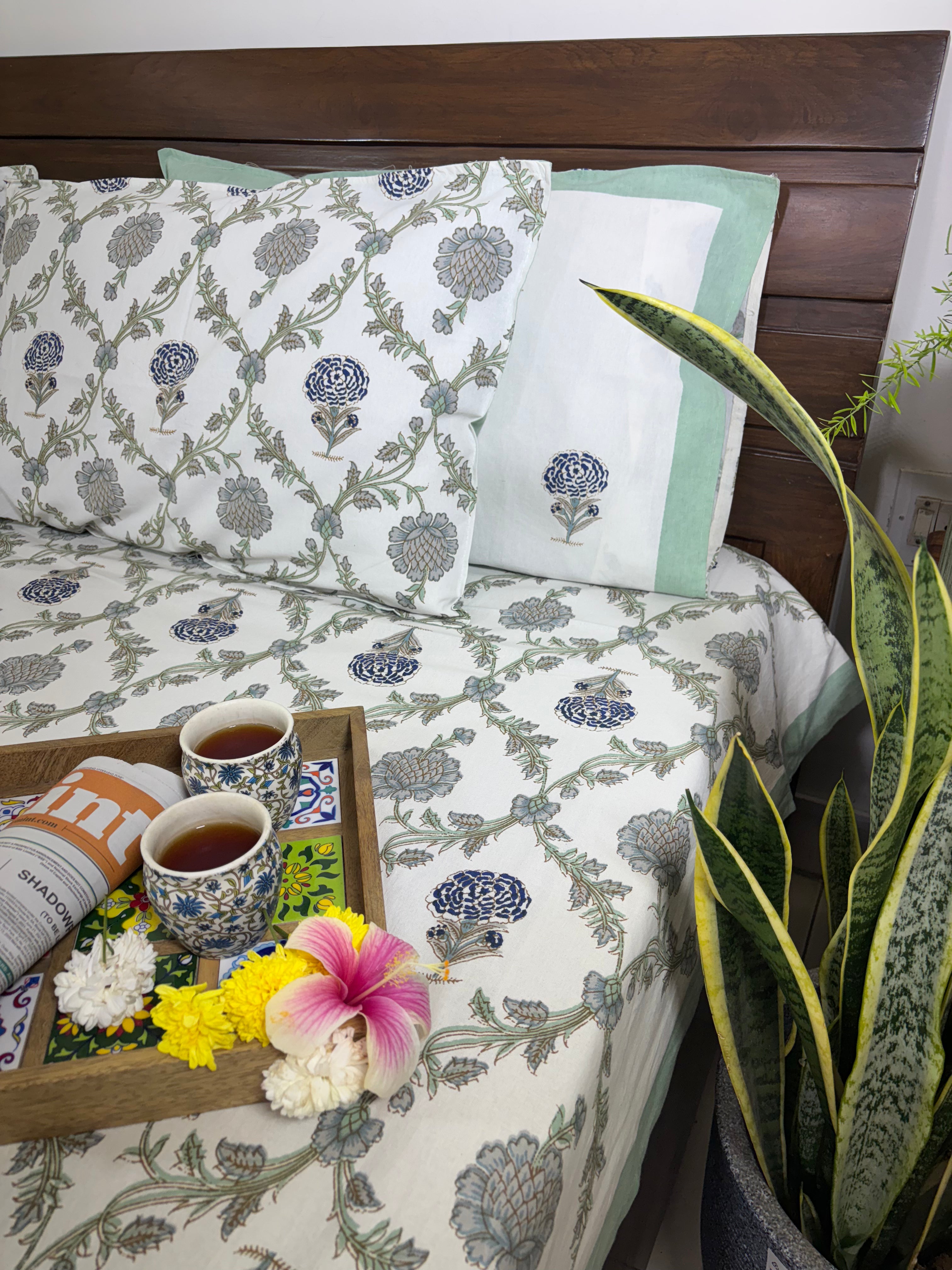 Jacobean floral Blue & Grey Hand Block Bedsheet with 2 Pillow Cover Set - 220TC