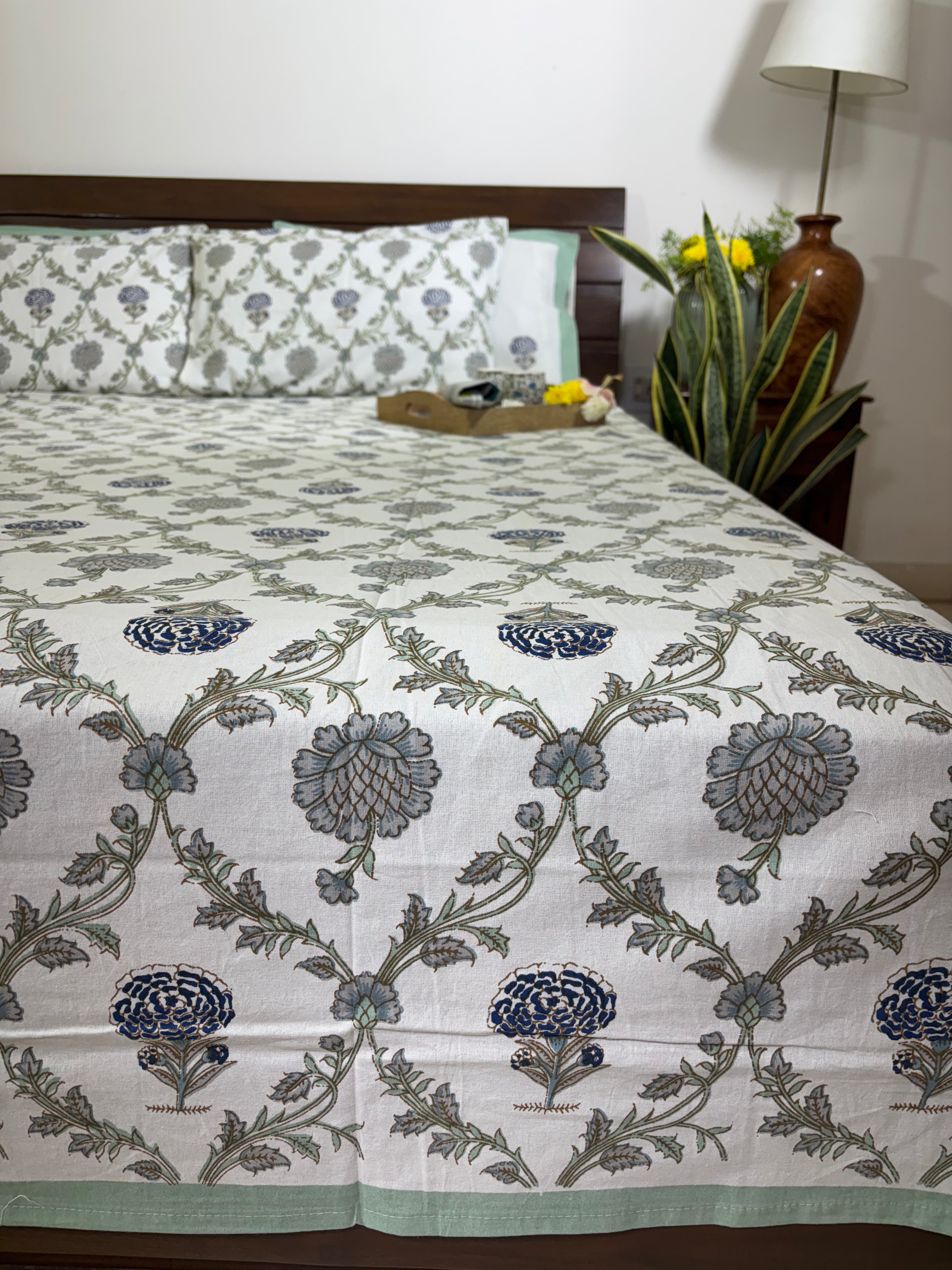 Jacobean floral Blue & Grey Hand Block Bedsheet with 2 Pillow Cover Set - 220TC