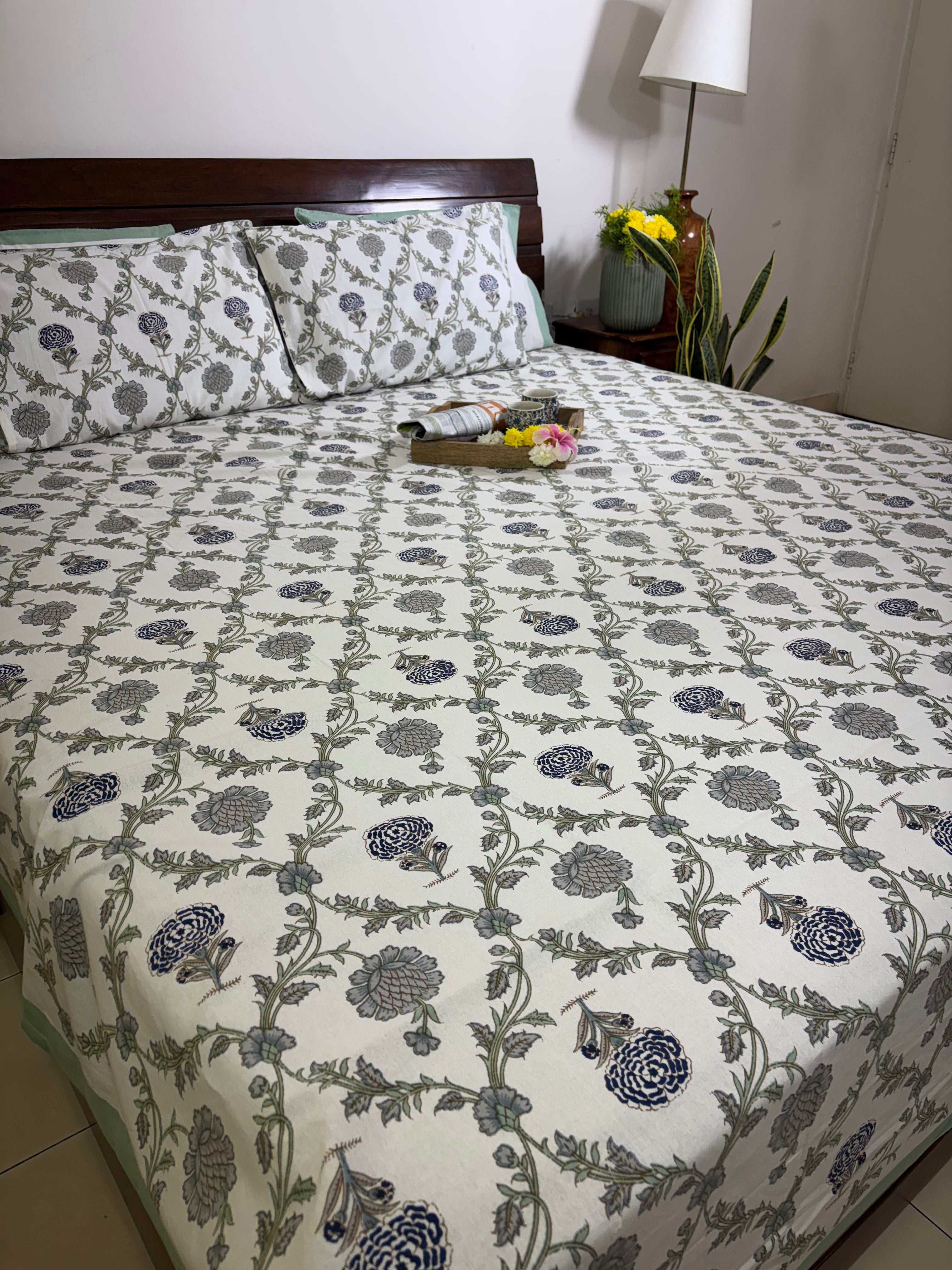 Jacobean floral Blue & Grey Hand Block Bedsheet with 2 Pillow Cover Set - 220TC