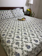 Jacobean floral Blue & Grey Hand Block Bedsheet with 2 Pillow Cover Set - 220TC