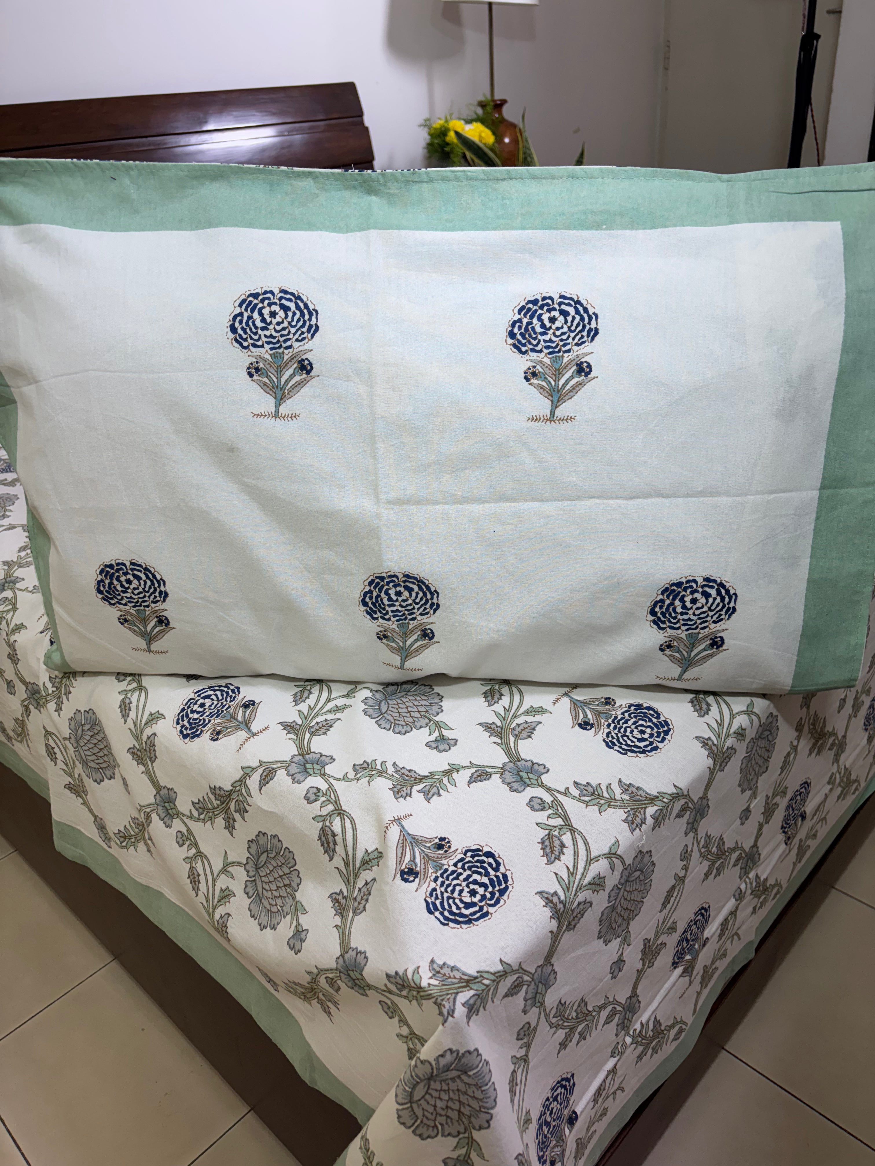 Jacobean floral Blue & Grey Hand Block Bedsheet with 2 Pillow Cover Set - 220TC