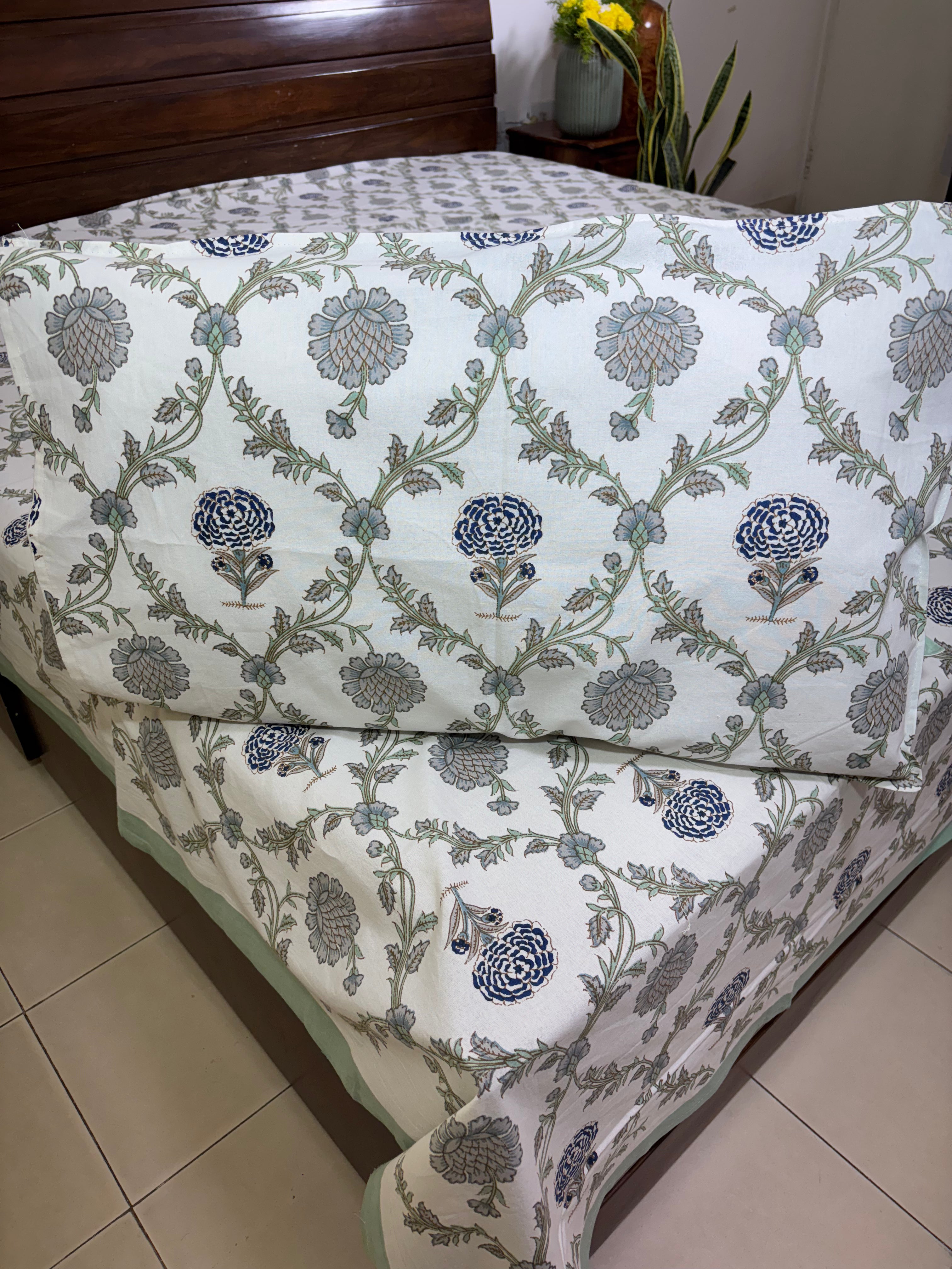 Jacobean floral Blue & Grey Hand Block Bedsheet with 2 Pillow Cover Set - 220TC